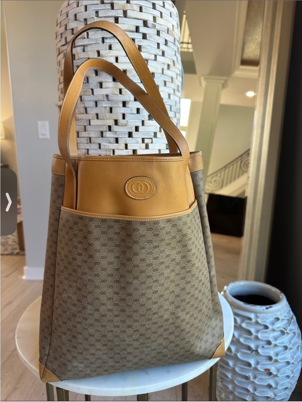 Gucci Vintage Beige Canvas and Tan Leather Shoulder Bag